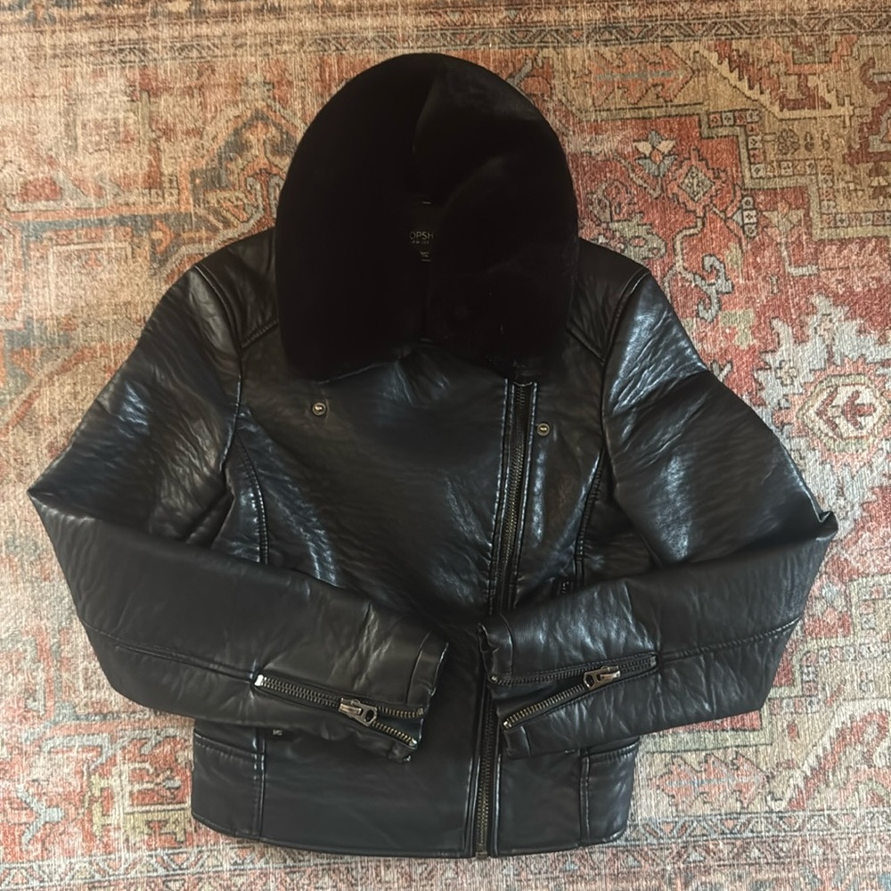 Topshop Leather Jacket with Removable Fur Collar